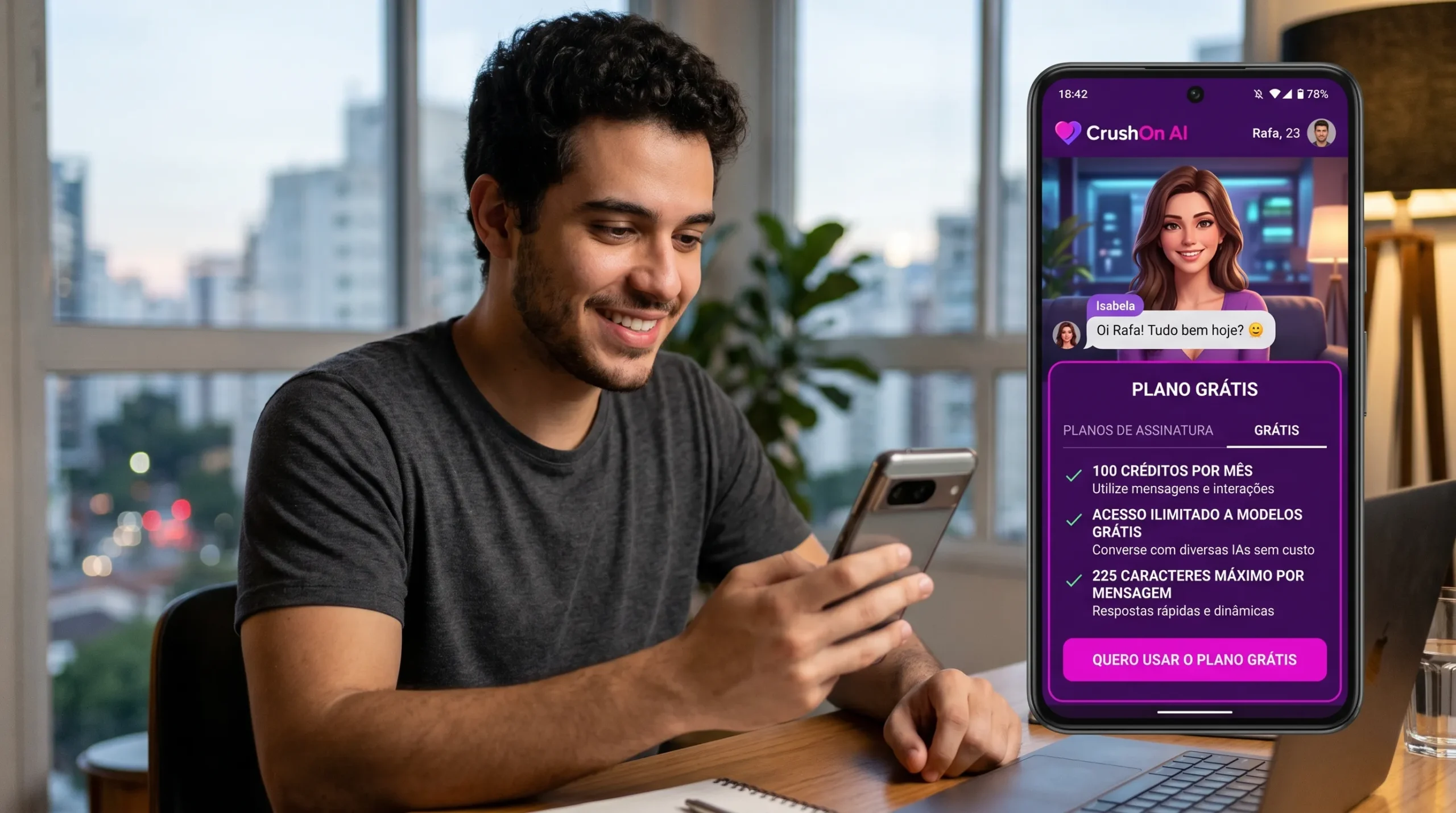 CrushOn AI plano gratuito — detalhes de mensagens, personagens e recursos disponíveis
