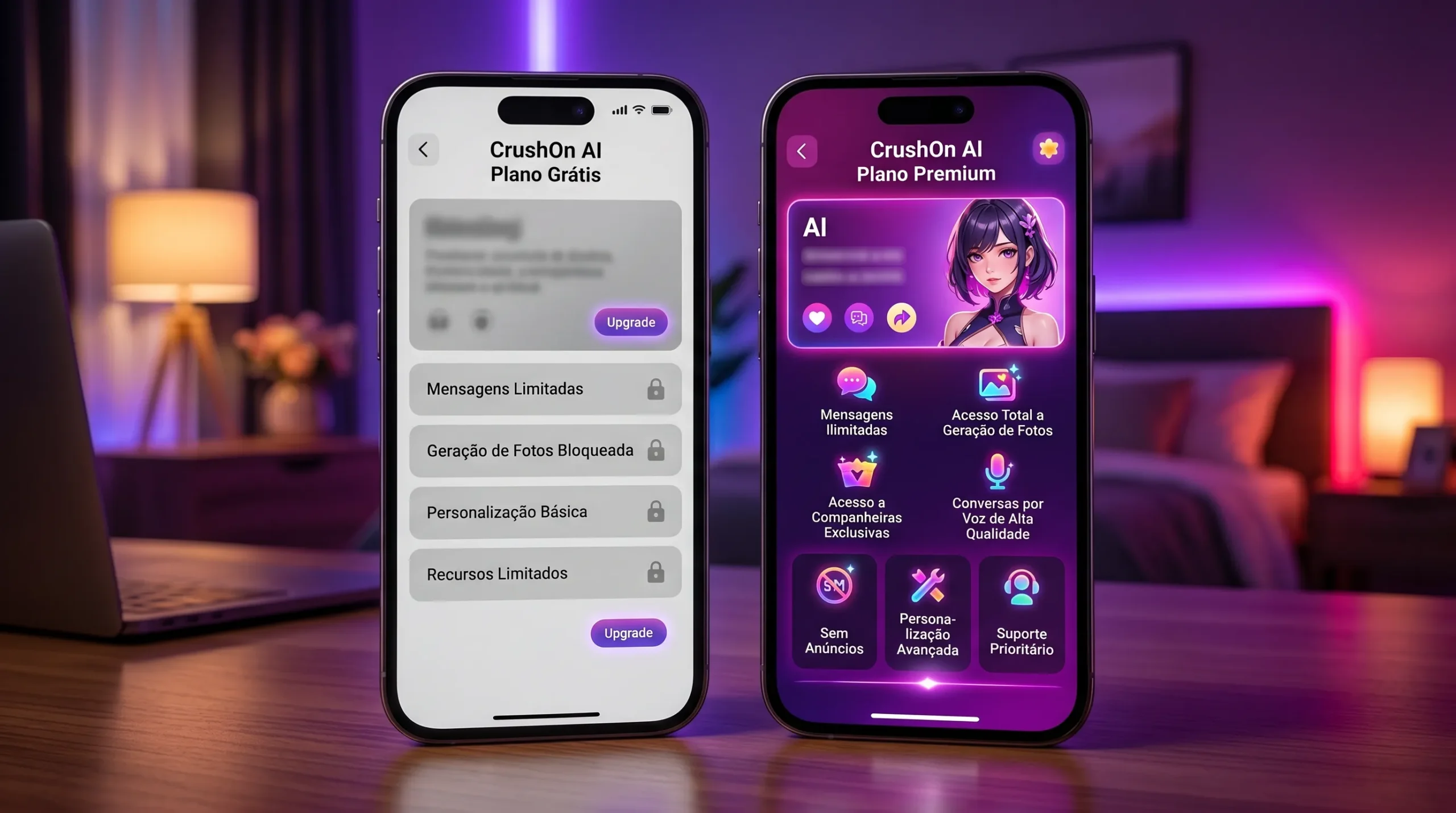 CrushOn AI gratuito vs premium — comparação direta entre os planos da plataforma