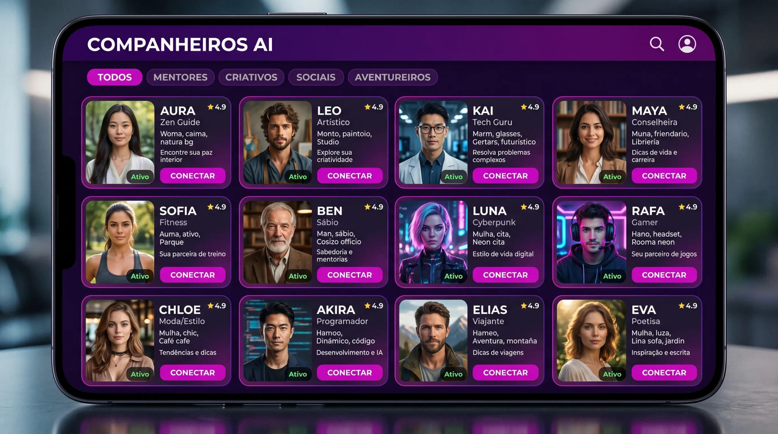 Recursos do CrushOn AI — biblioteca de personagens e ferramentas de personalização