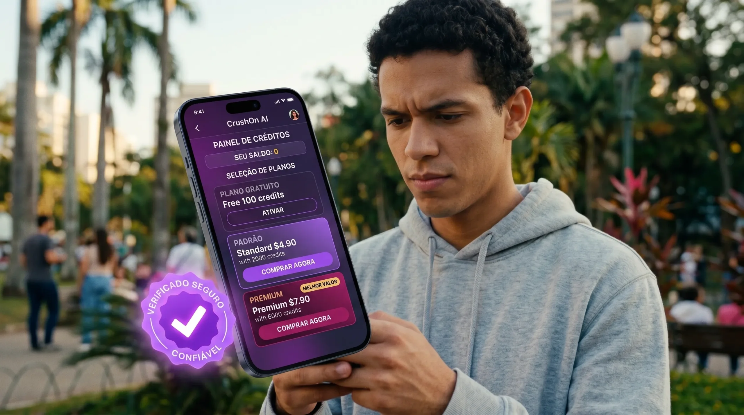 CrushOn AI créditos e planos — Free 100 créditos Standard 2.000 Premium 6.000 Luxe 20.000