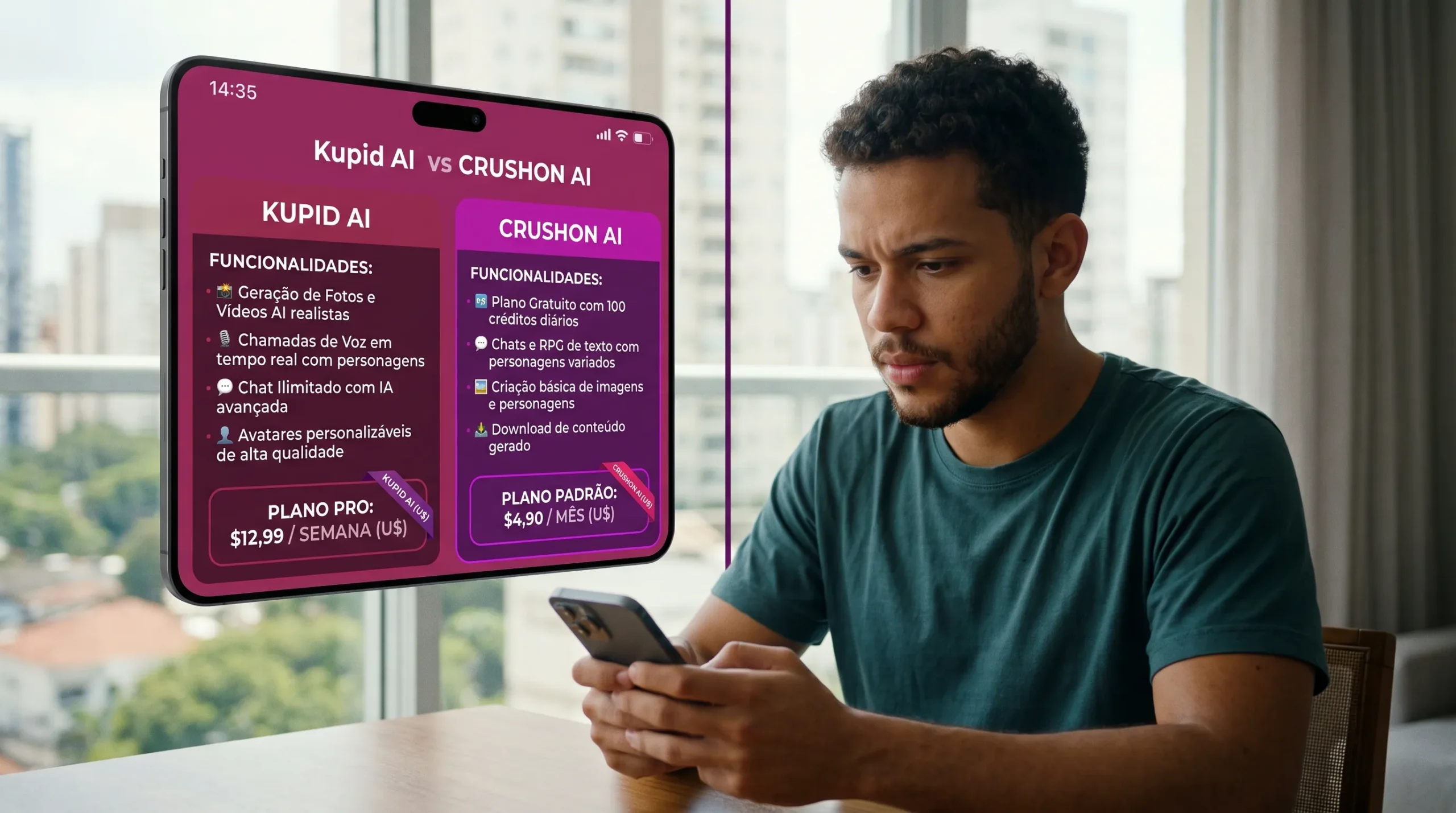 Kupid AI vs CrushOn AI comparação direta — fotos e vídeos $12,99 semana vs grátis $4,90 mês