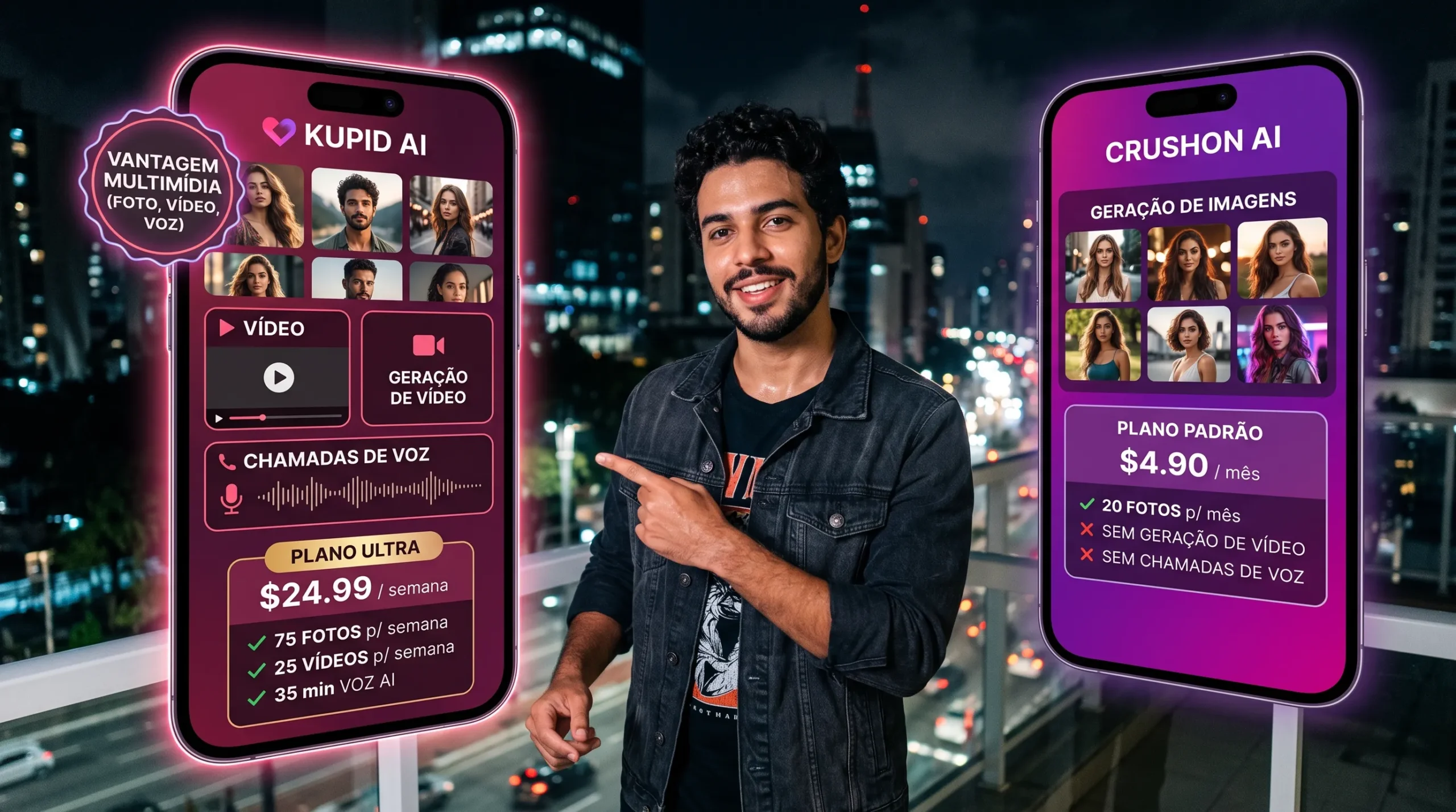 Kupid AI vs CrushOn AI multimídia — fotos vídeos e voz vs apenas geração de imagens