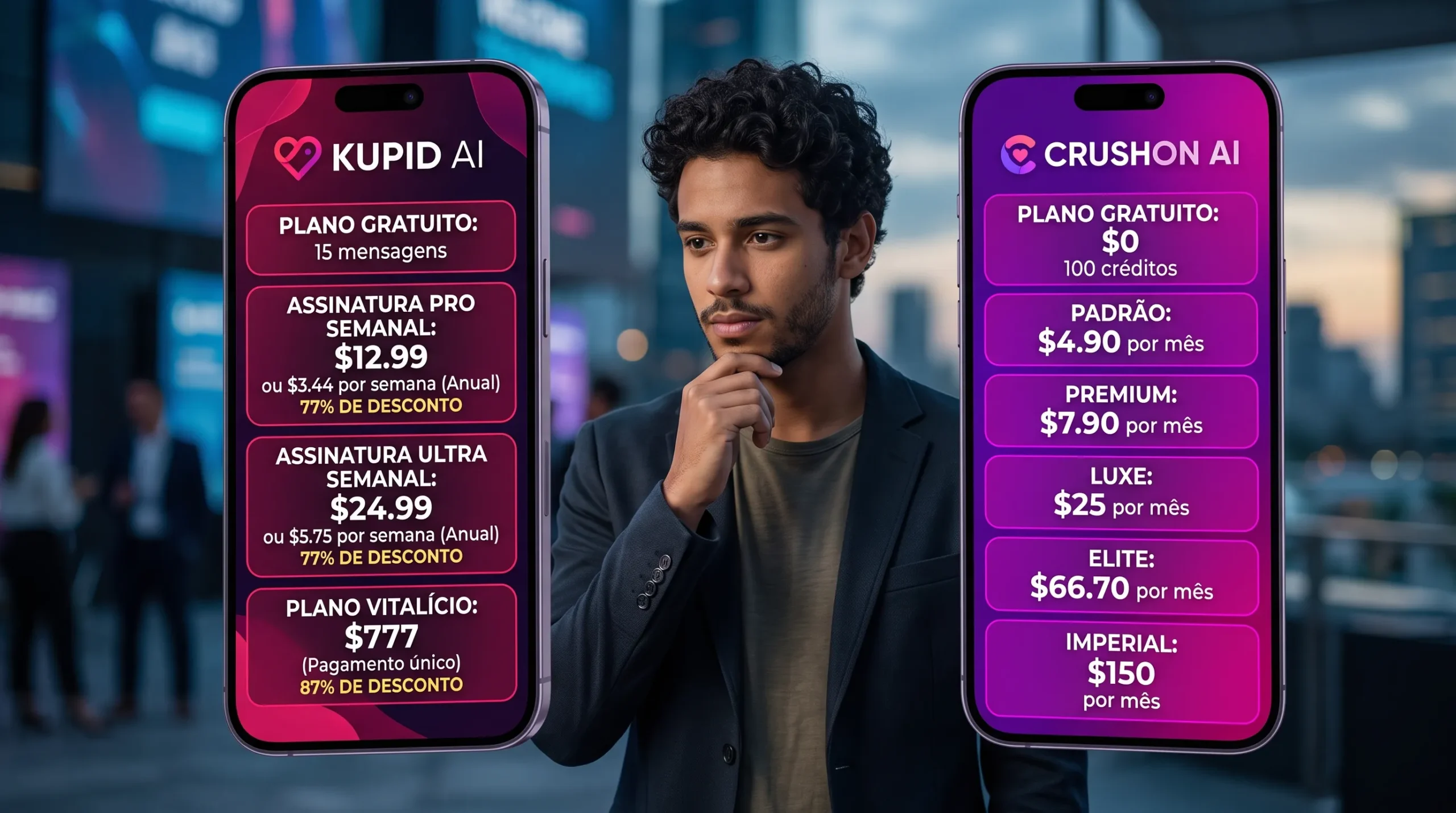 Kupid AI vs CrushOn AI preços comparados — todos os planos com valores exatos em dólar 2026